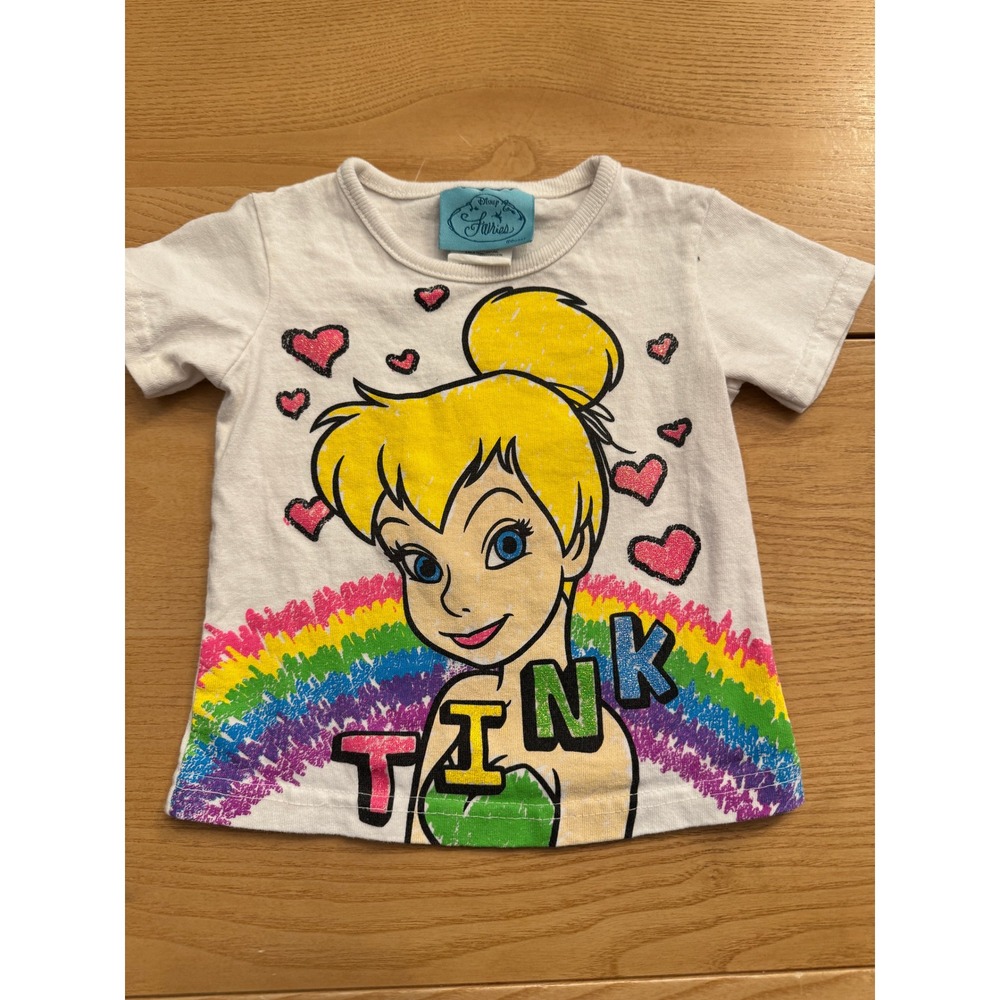 Disney Tinker Bell Graphic TShirt Kids 12M White Cotton Rainbow Hearts Fairycore